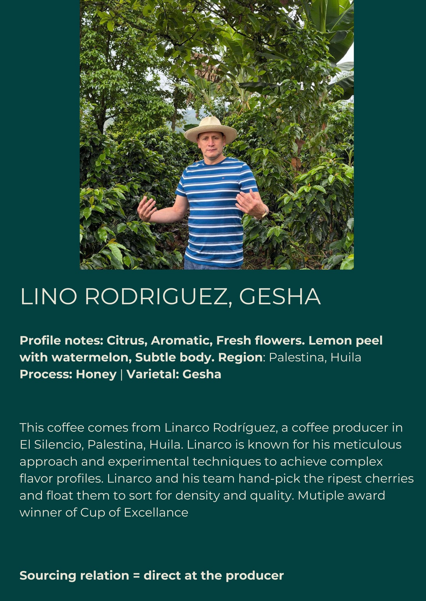 Colombia — Linarco Rodriguez, Gesha - Honey